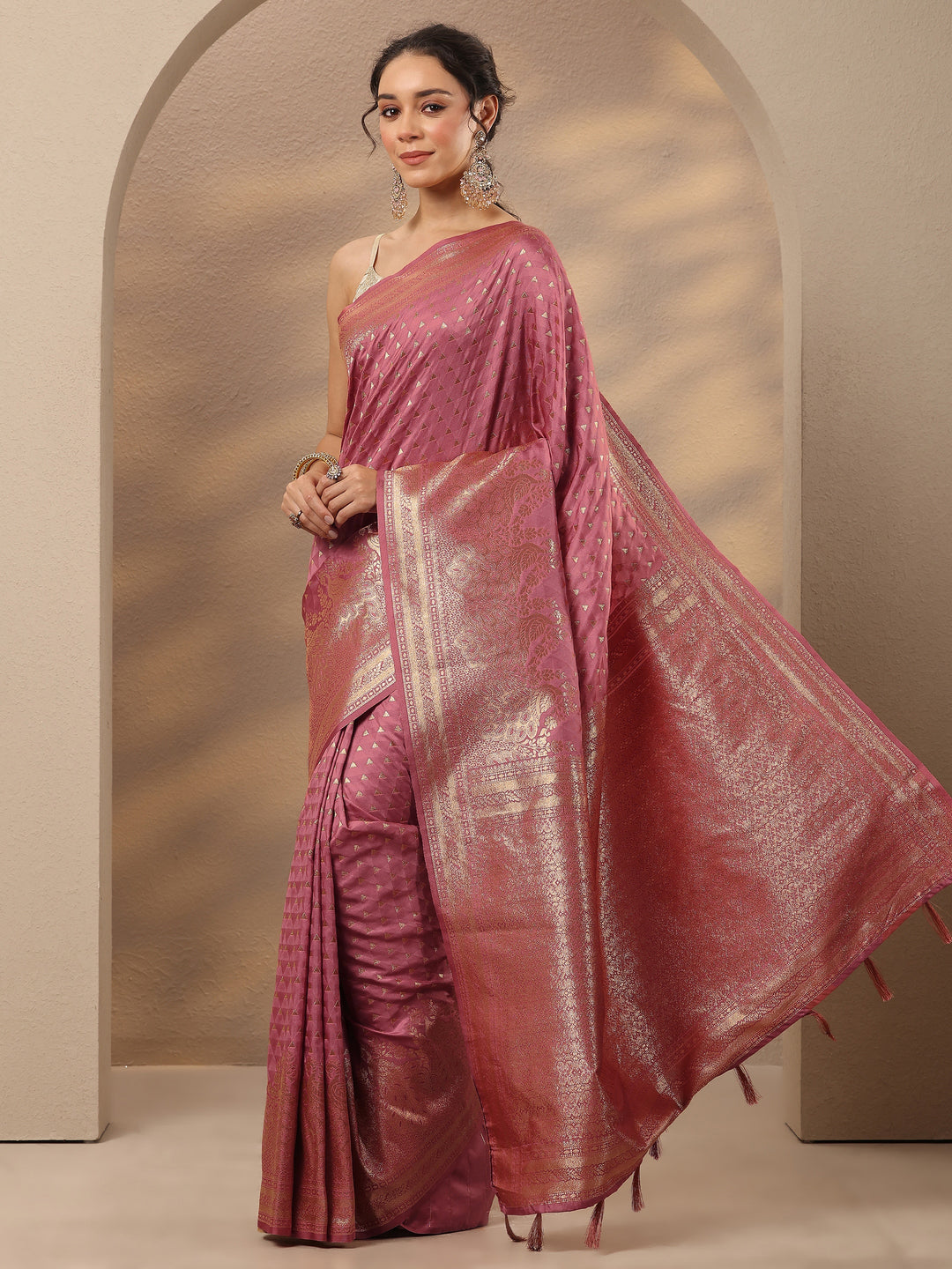  Peach Woven Design Silk Blend Saree With Unstitched Blouse Piece 