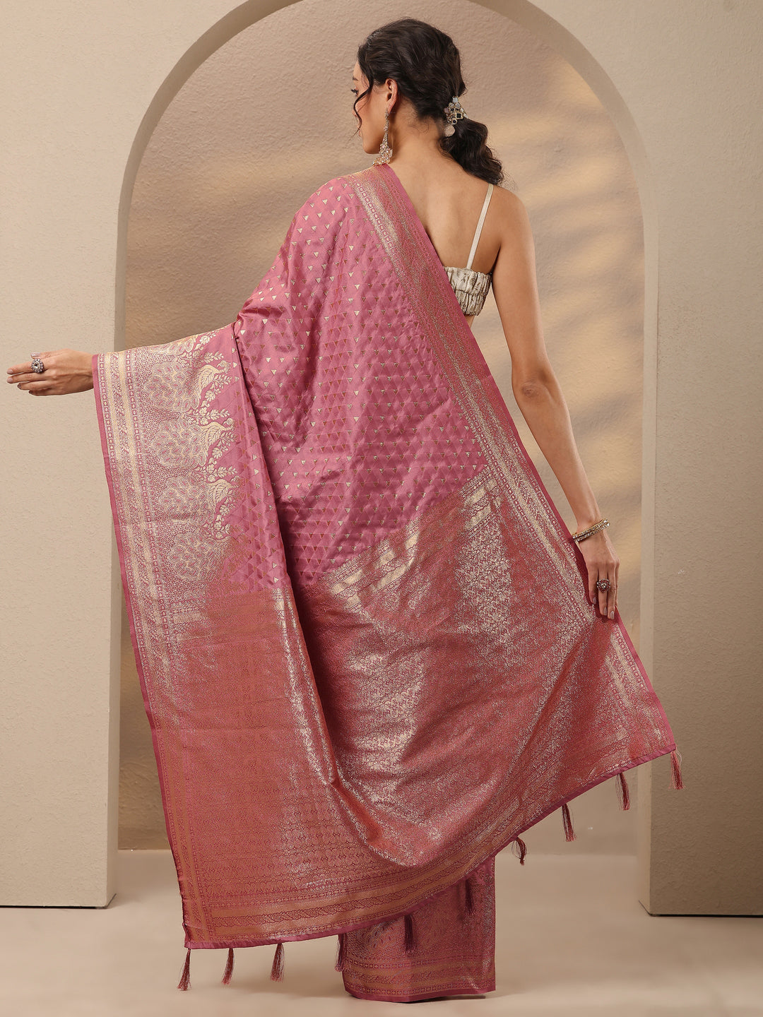  Peach Woven Design Silk Blend Saree With Unstitched Blouse Piece 