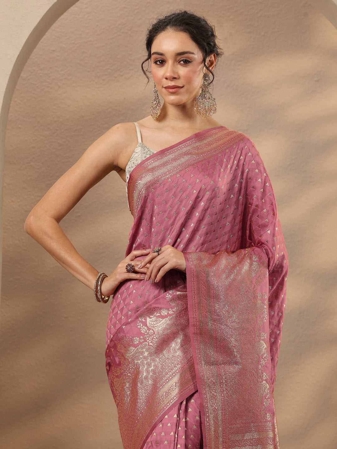  Peach Woven Design Silk Blend Saree With Unstitched Blouse Piece 
