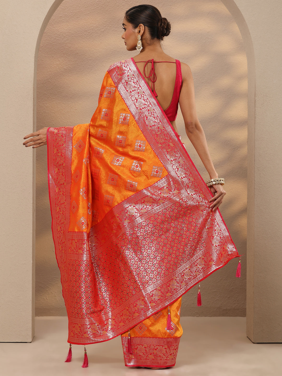  Mustard Geometric Woven Design Silk Blend Saree With Unstitched Blouse Piece 