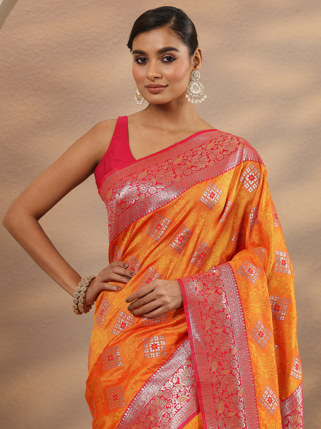 Mustard Geometric Woven Design Silk Blend Saree With Unstitched Blouse Piece 