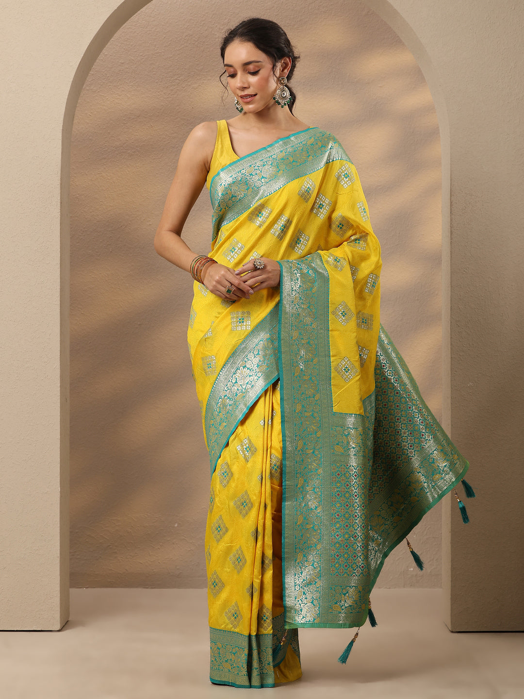  Yellow Geometric Woven Design Silk Blend Saree With Unstitched Blouse Piece 