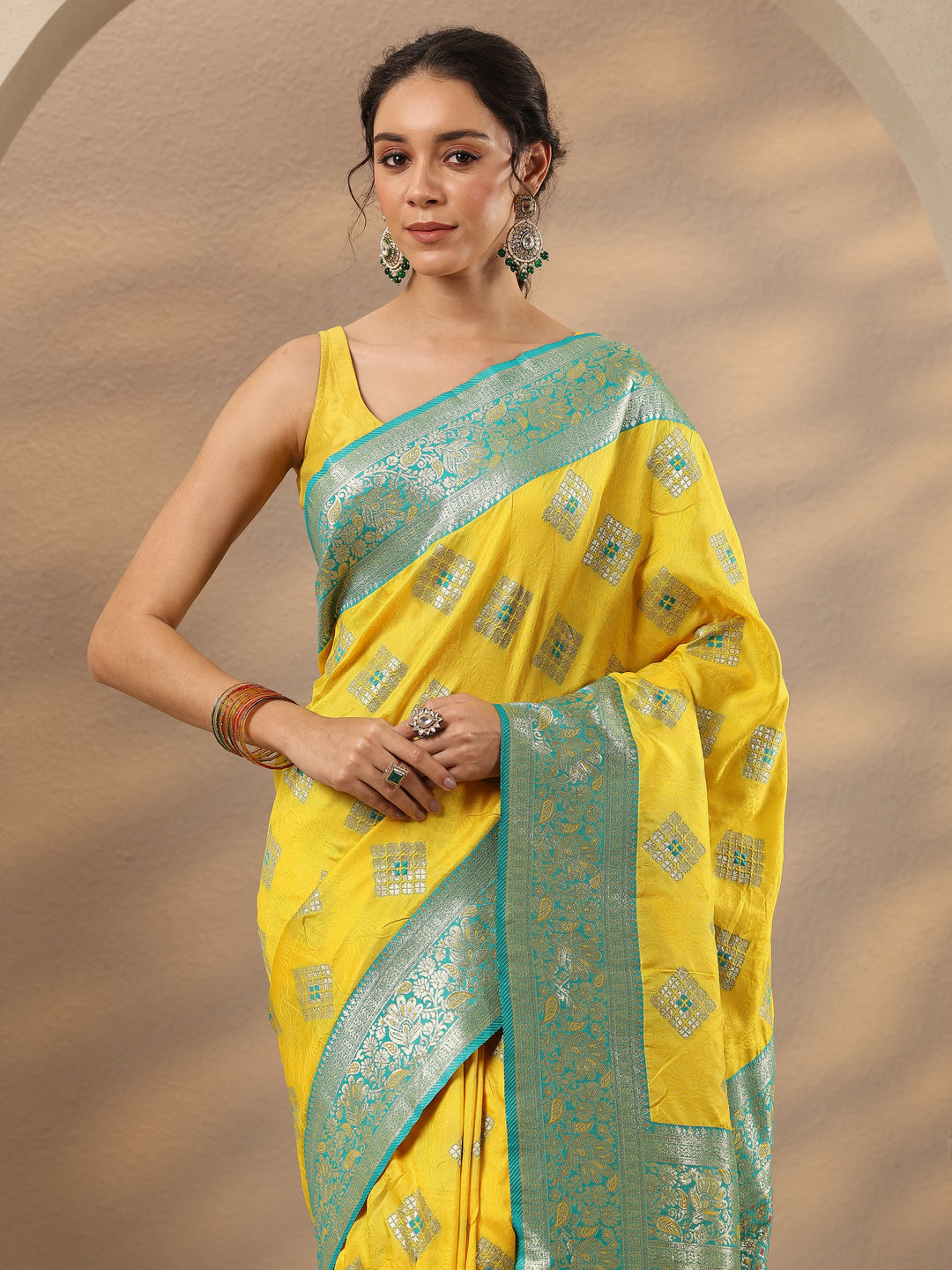  Yellow Geometric Woven Design Silk Blend Saree With Unstitched Blouse Piece 