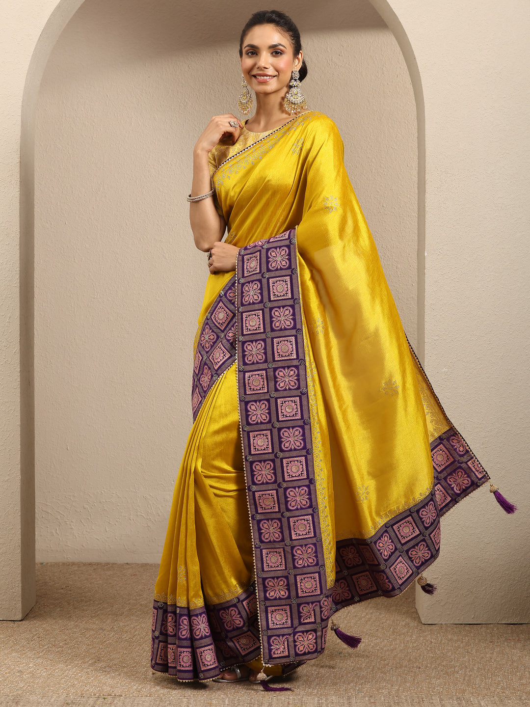  Mustard Embellished Silk Blend Saree With Unstitched Blouse Piece 