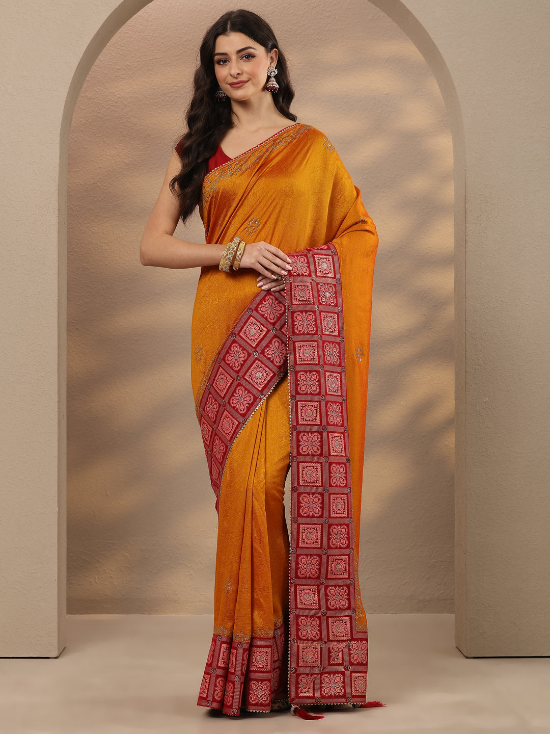  Mustard Embellished Silk Blend Saree With Unstitched Blouse Piece 