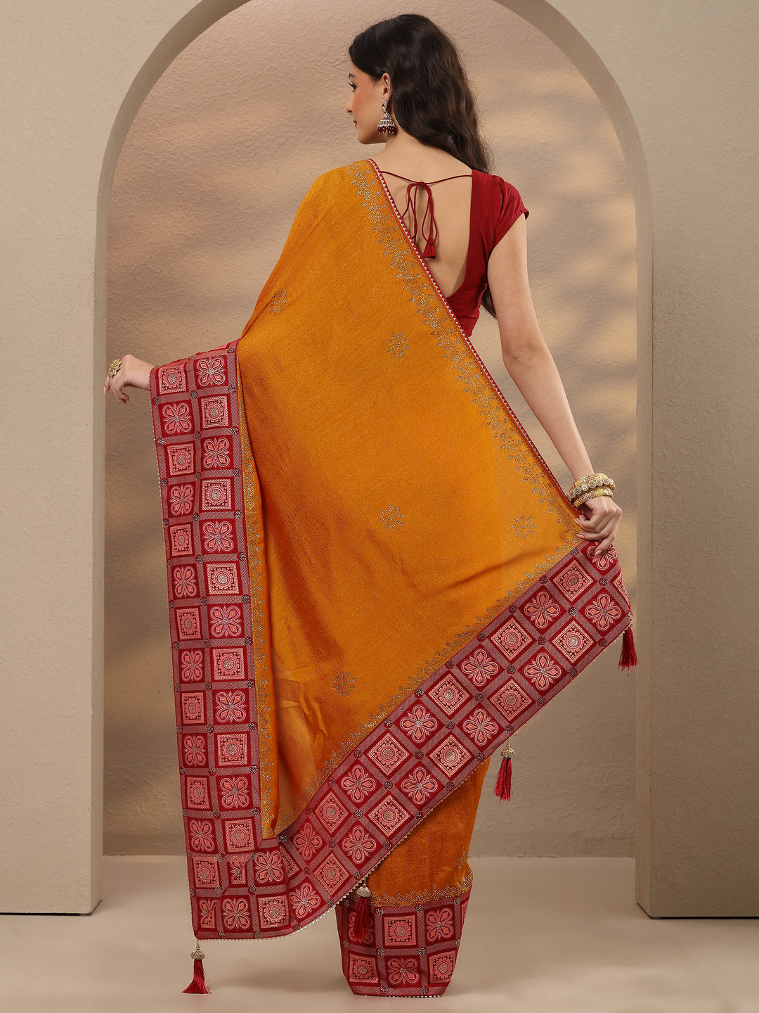  Mustard Embellished Silk Blend Saree With Unstitched Blouse Piece 