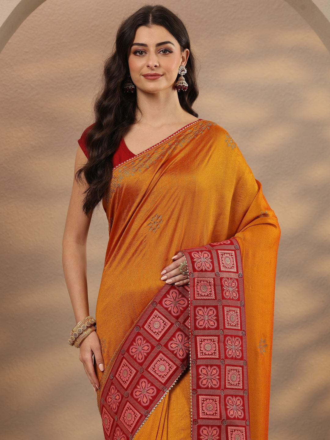 Mustard Embellished Silk Blend Saree With Unstitched Blouse Piece 