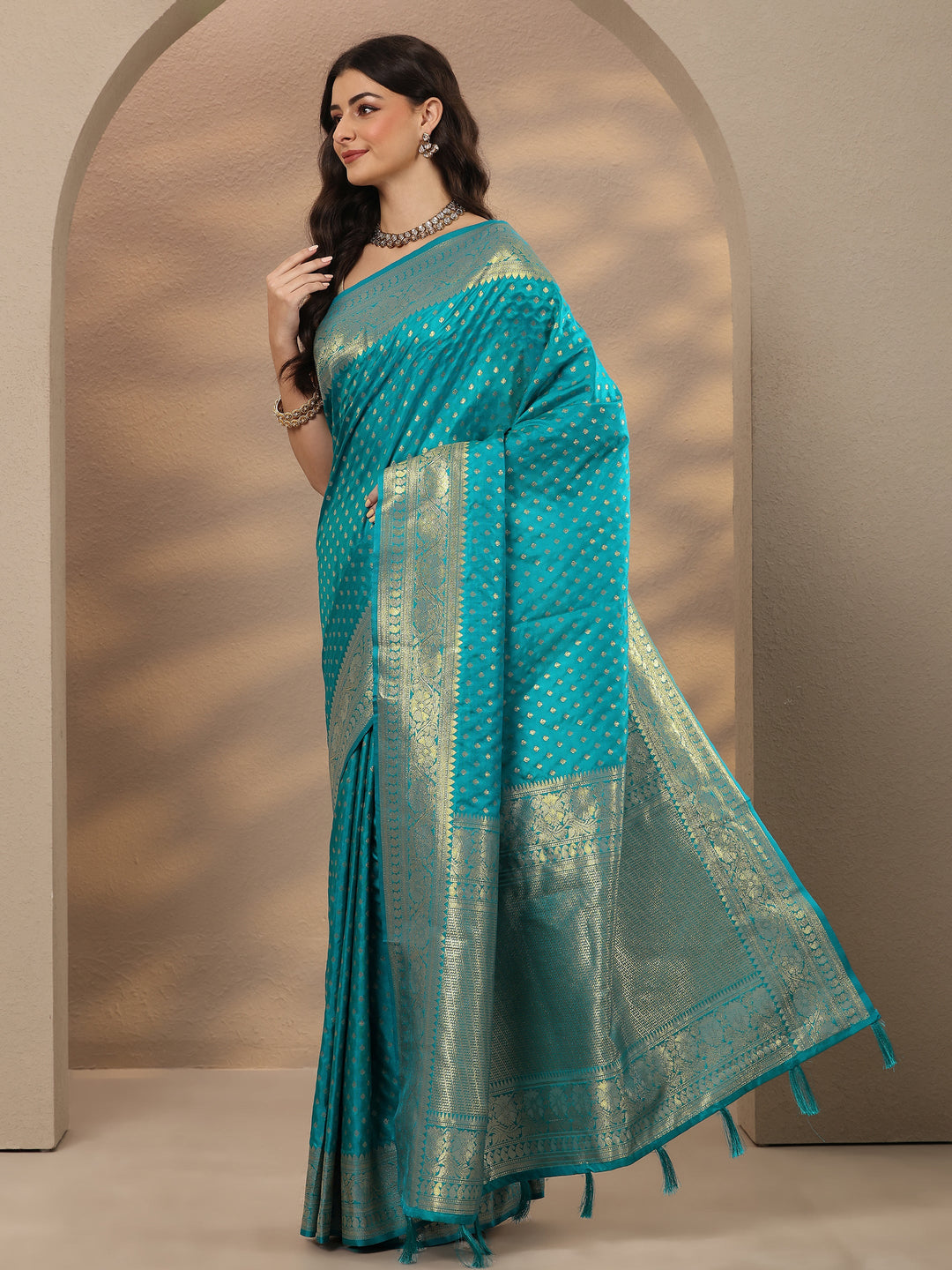  Blue Woven Design Silk Blend Saree With Unstitched Blouse Piece 