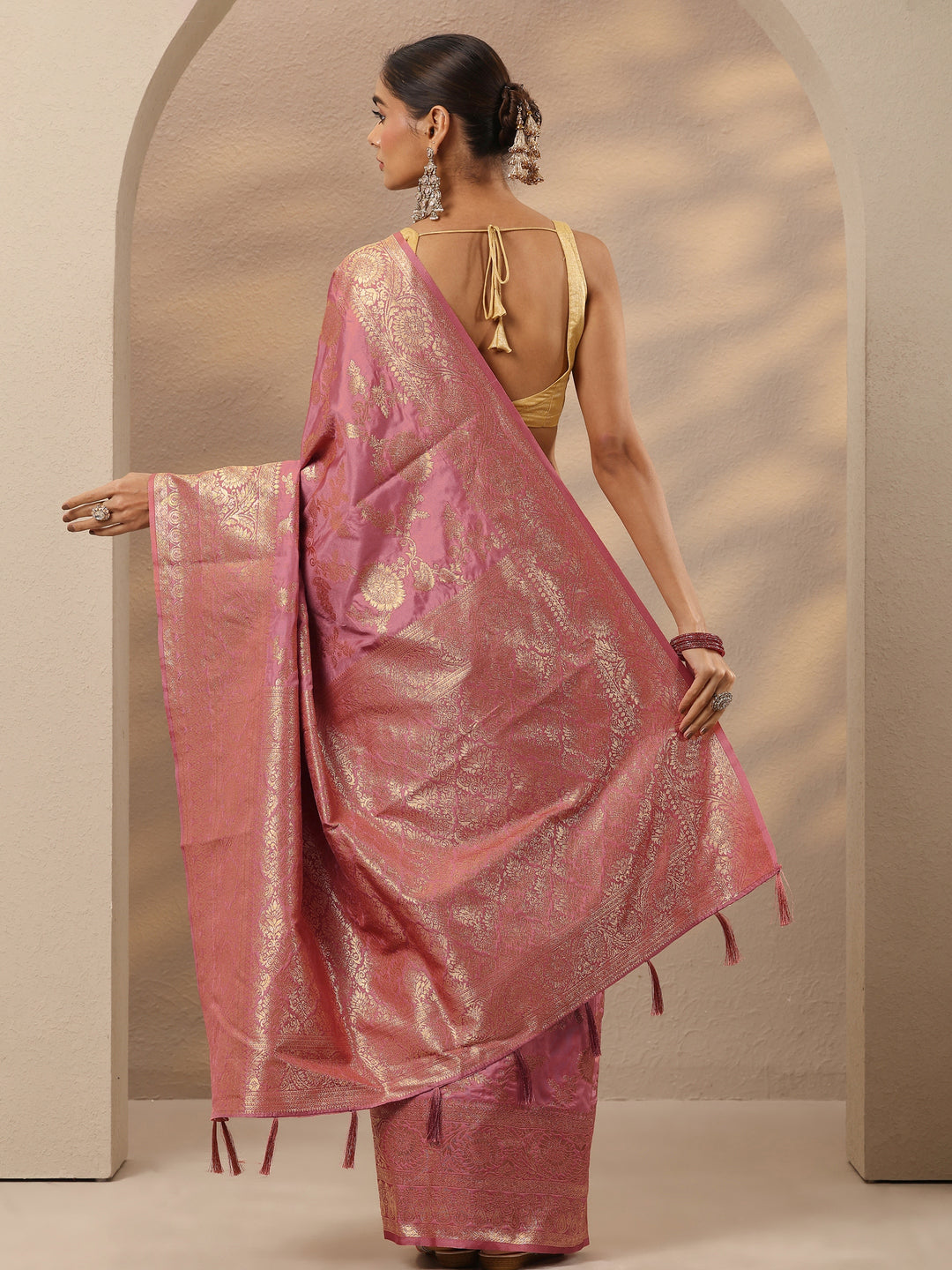  Peach Woven Design Silk Blend Saree With Unstitched Blouse Piece 