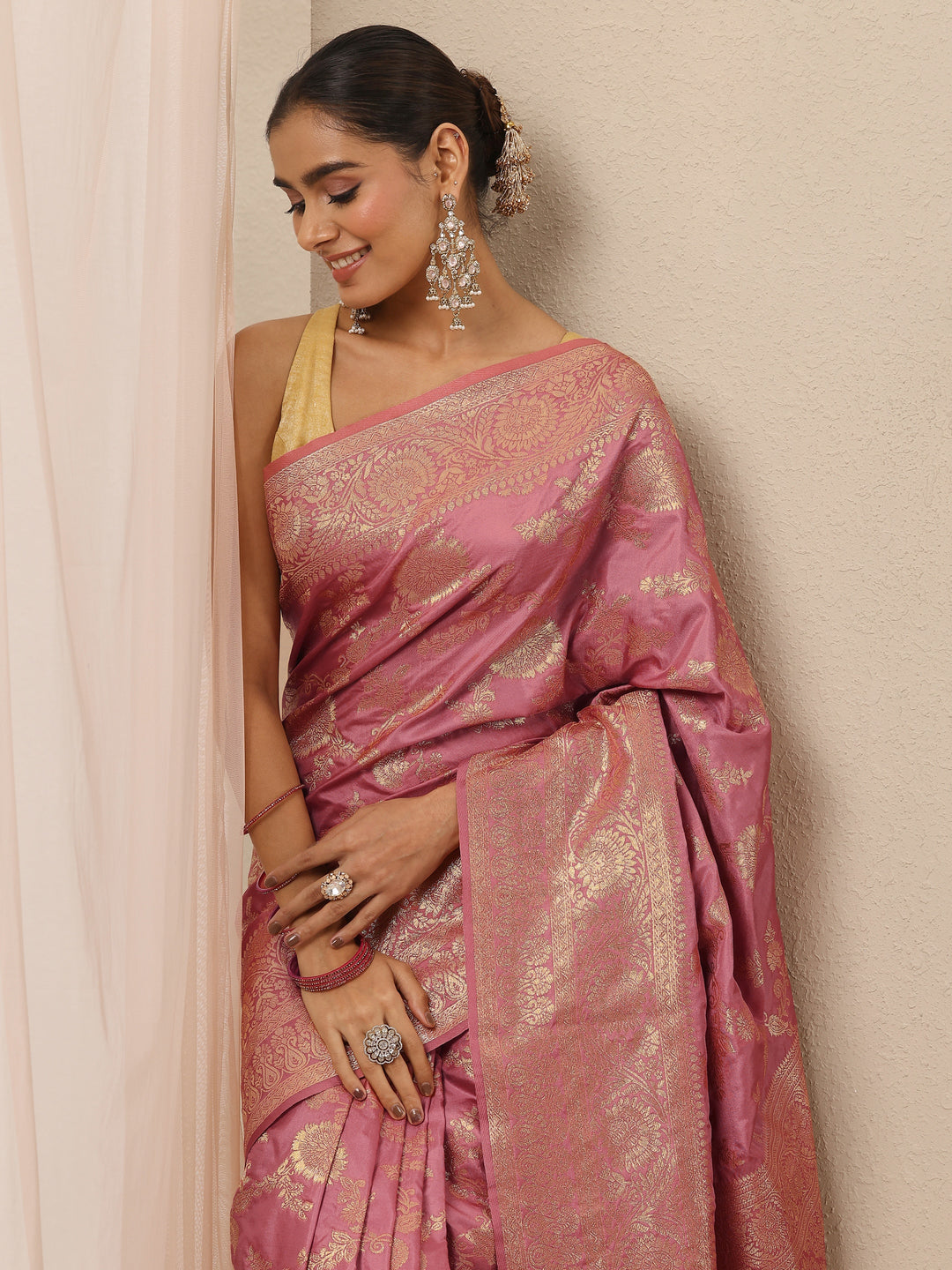  Peach Woven Design Silk Blend Saree With Unstitched Blouse Piece 