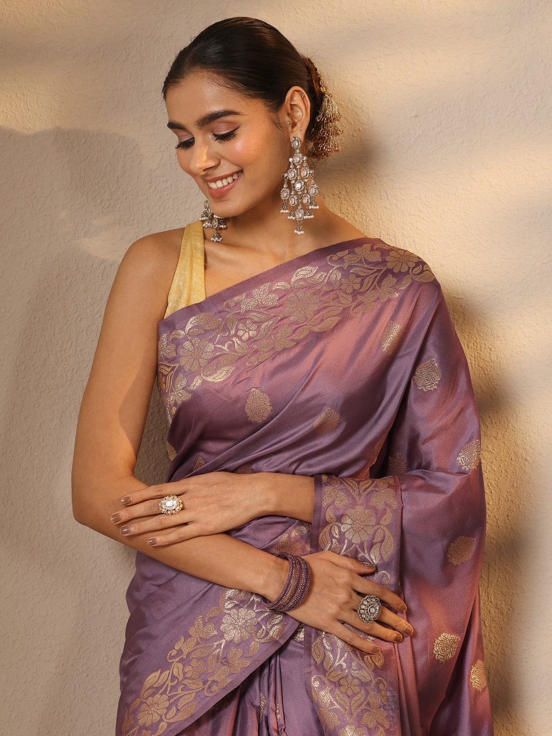  Lavender Woven Design Silk Blend Saree With Unstitched Blouse Piece 