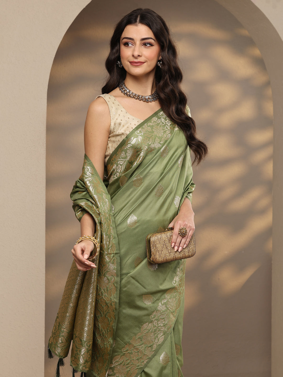  Green Woven Design Silk Blend Saree With Unstitched Blouse Piece 