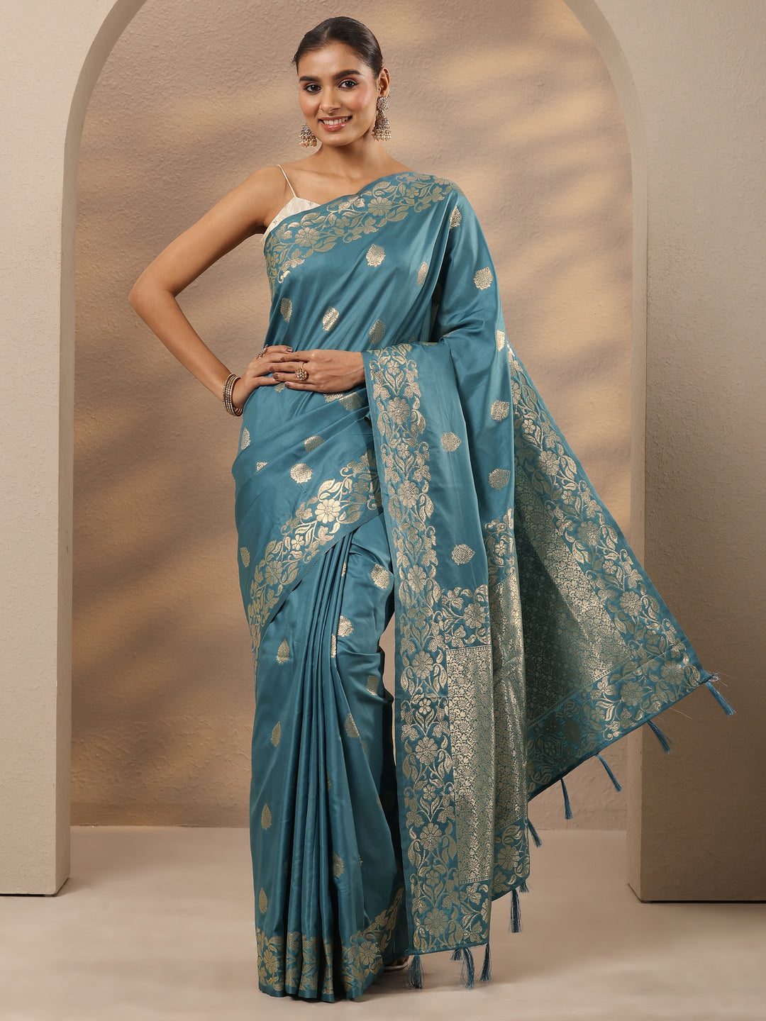 Blue Woven Design Silk Blend Saree With Unstitched Blouse Piece 