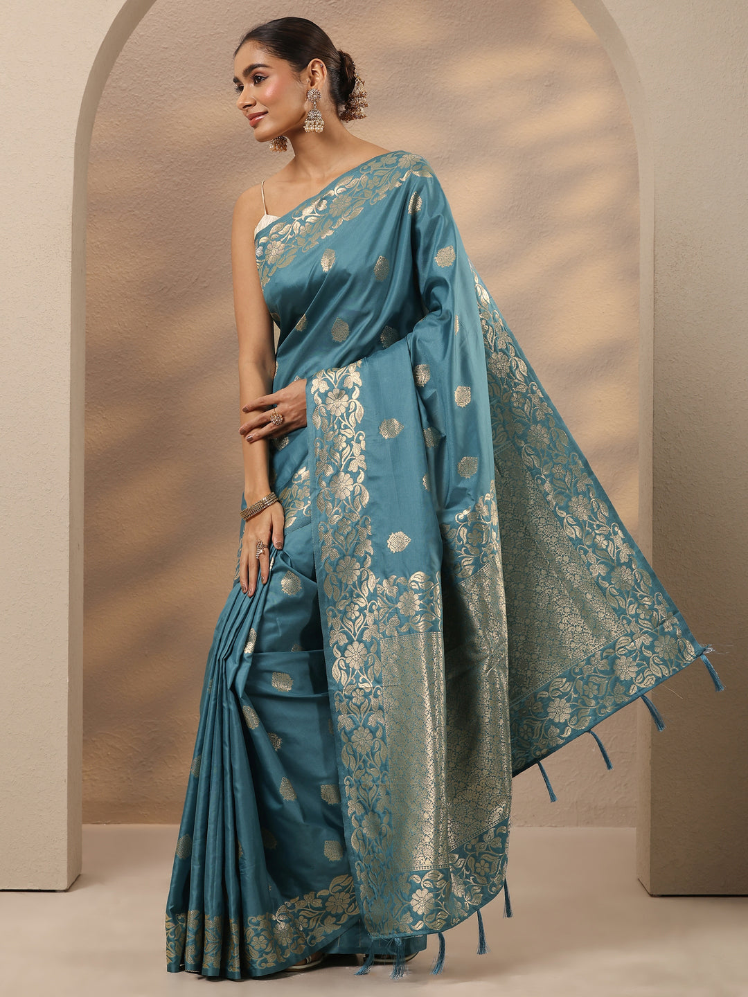  Blue Woven Design Silk Blend Saree With Unstitched Blouse Piece 