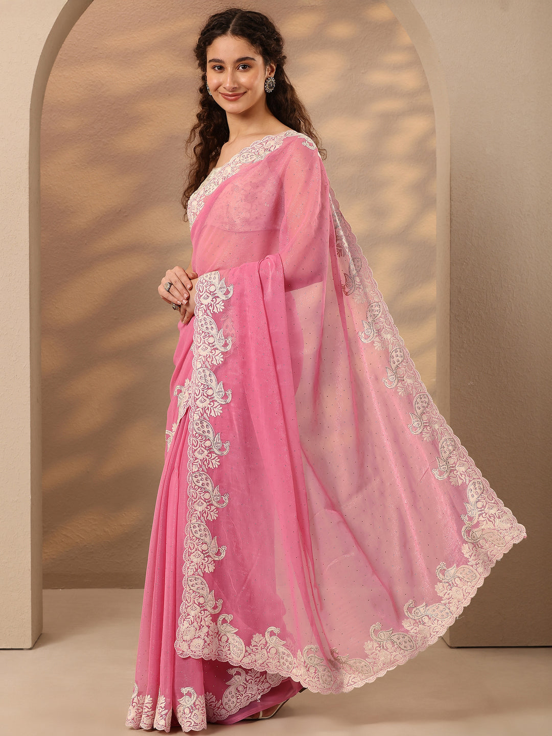  Pink Embellished Silk Blend Saree With Unstitched Blouse Piece 