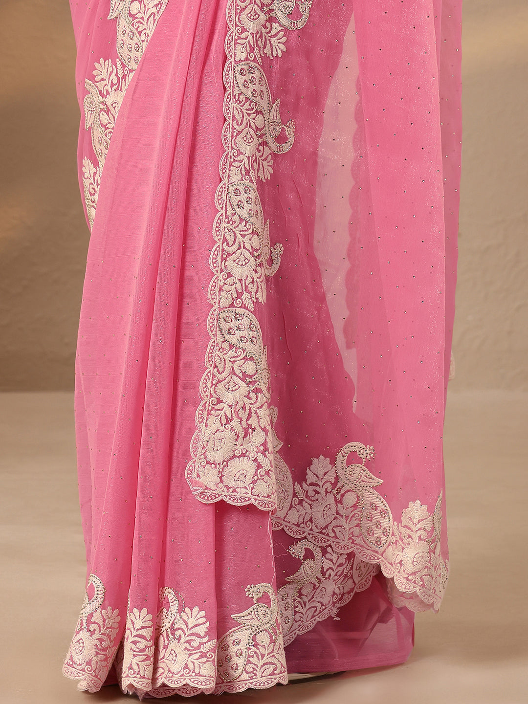  Pink Embellished Silk Blend Saree With Unstitched Blouse Piece 
