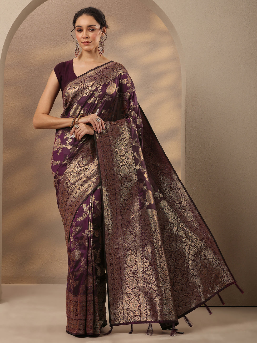  Burgundy Woven Design Silk Blend Saree With Unstitched Blouse Piece 