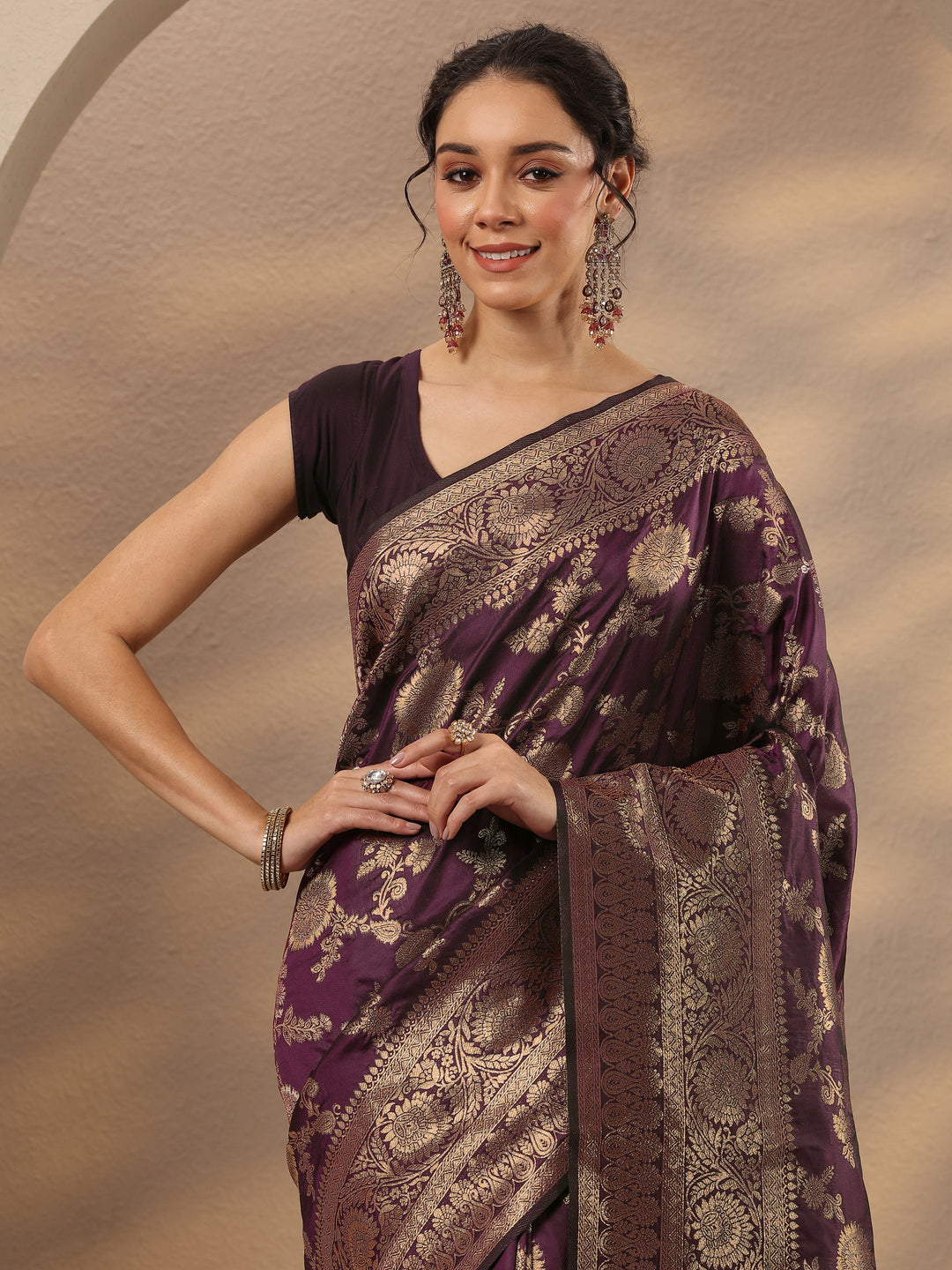  Burgundy Woven Design Silk Blend Saree With Unstitched Blouse Piece 