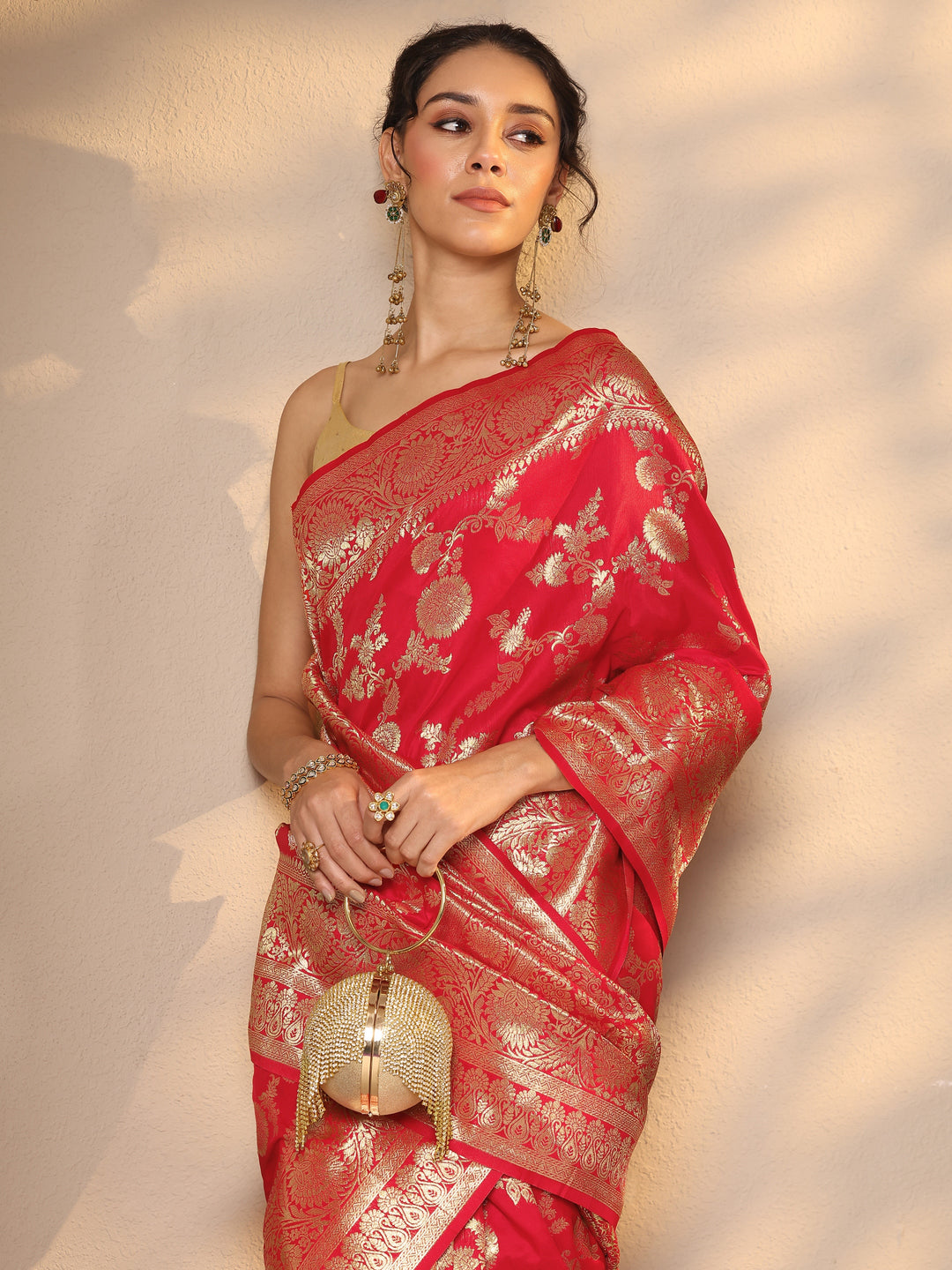 Red Woven Design Silk Blend Saree With Unstitched Blouse Piece 