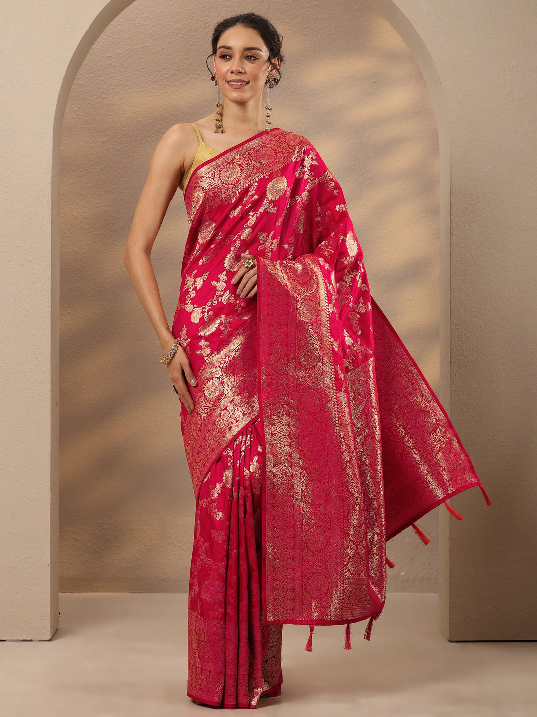  Pink Woven Design Silk Blend Saree With Unstitched Blouse Piece 