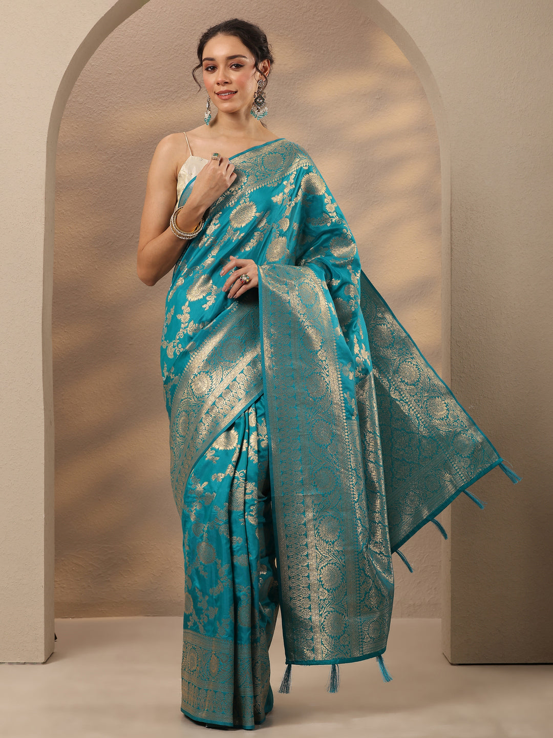  Blue Woven Design Silk Blend Saree With Unstitched Blouse Piece 