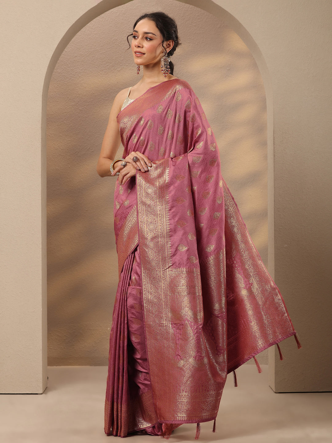 Peach Woven Design Silk Blend Saree With Unstitched Blouse Piece 