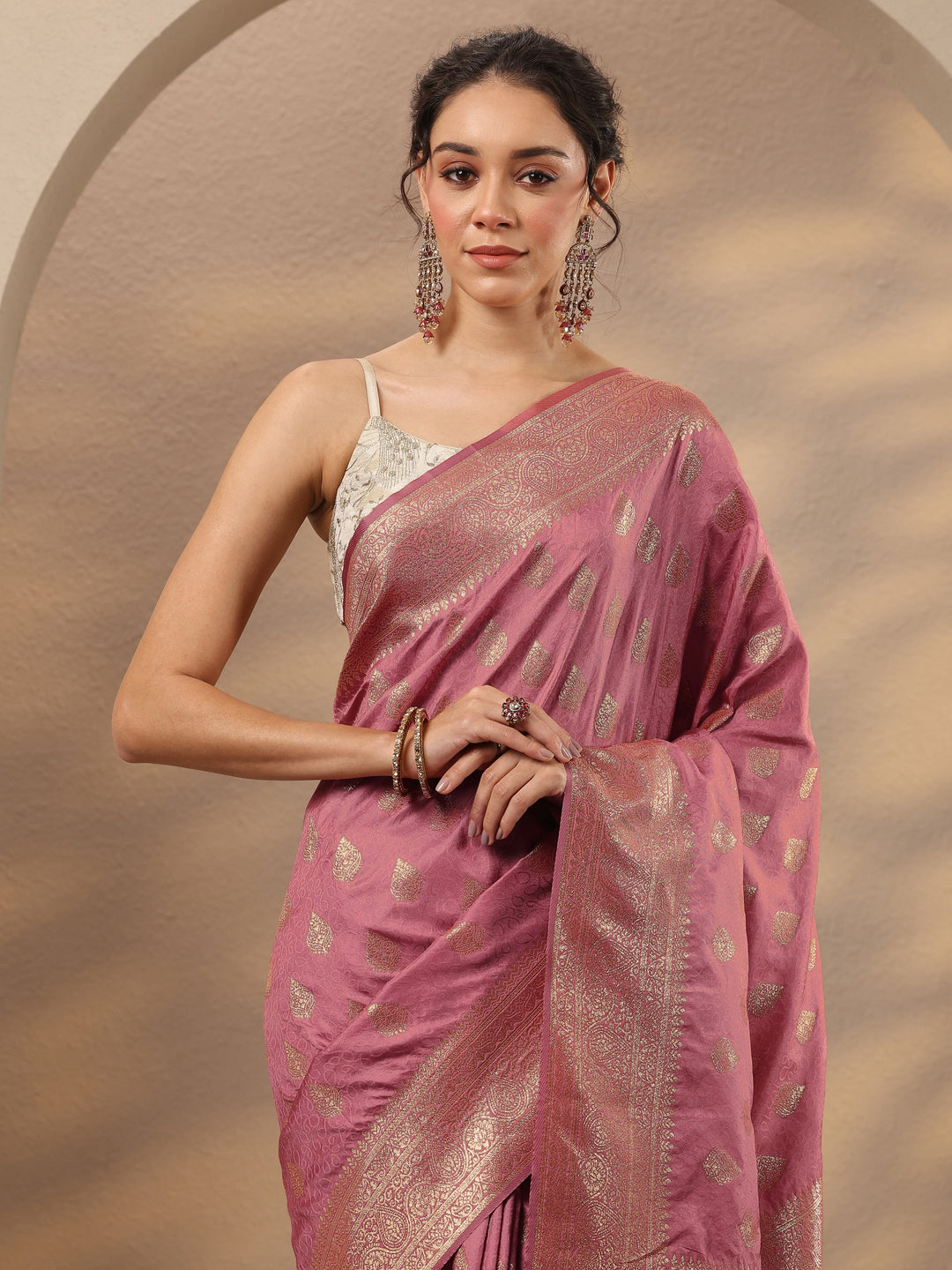  Peach Woven Design Silk Blend Saree With Unstitched Blouse Piece 
