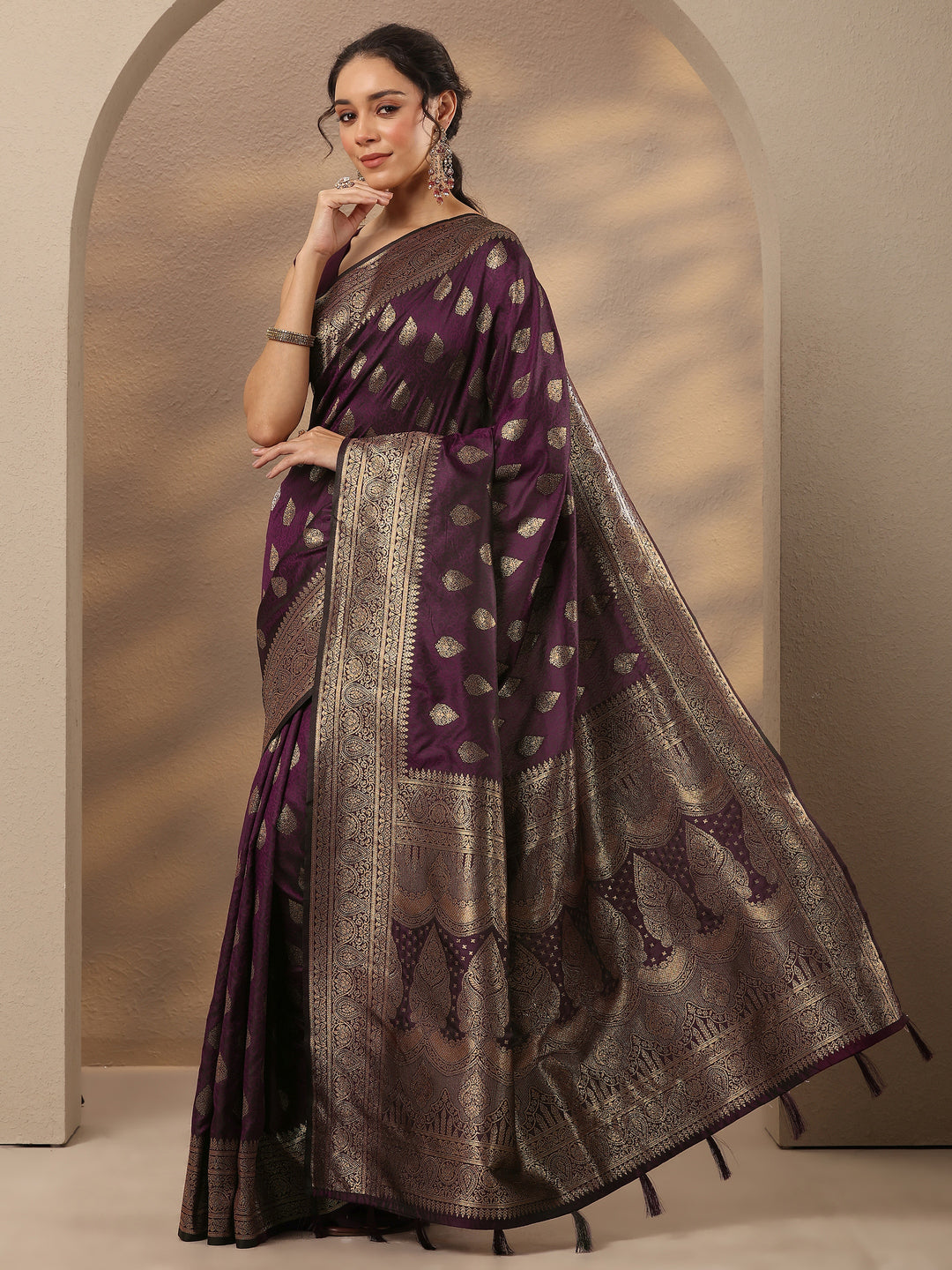  Burgundy Woven Design Silk Blend Saree With Unstitched Blouse Piece 