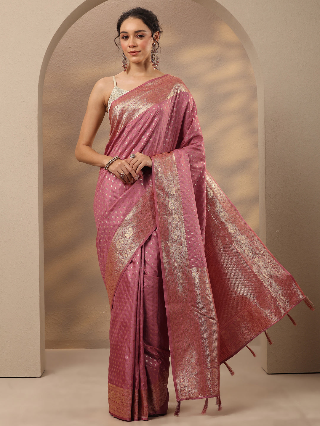  Peach Woven Design Silk Blend Saree With Unstitched Blouse Piece 