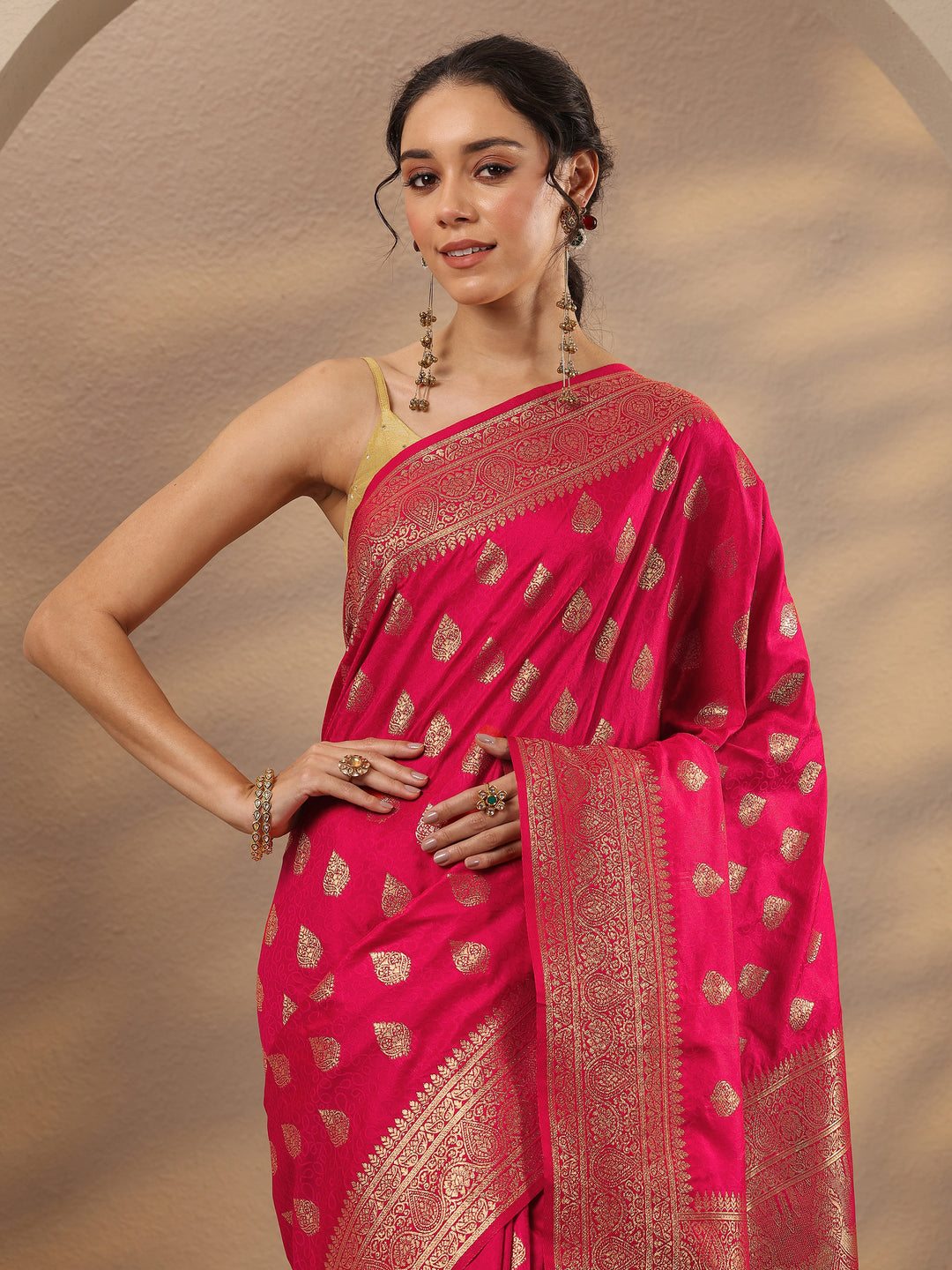  Red Woven Design Silk Blend Saree With Unstitched Blouse Piece 
