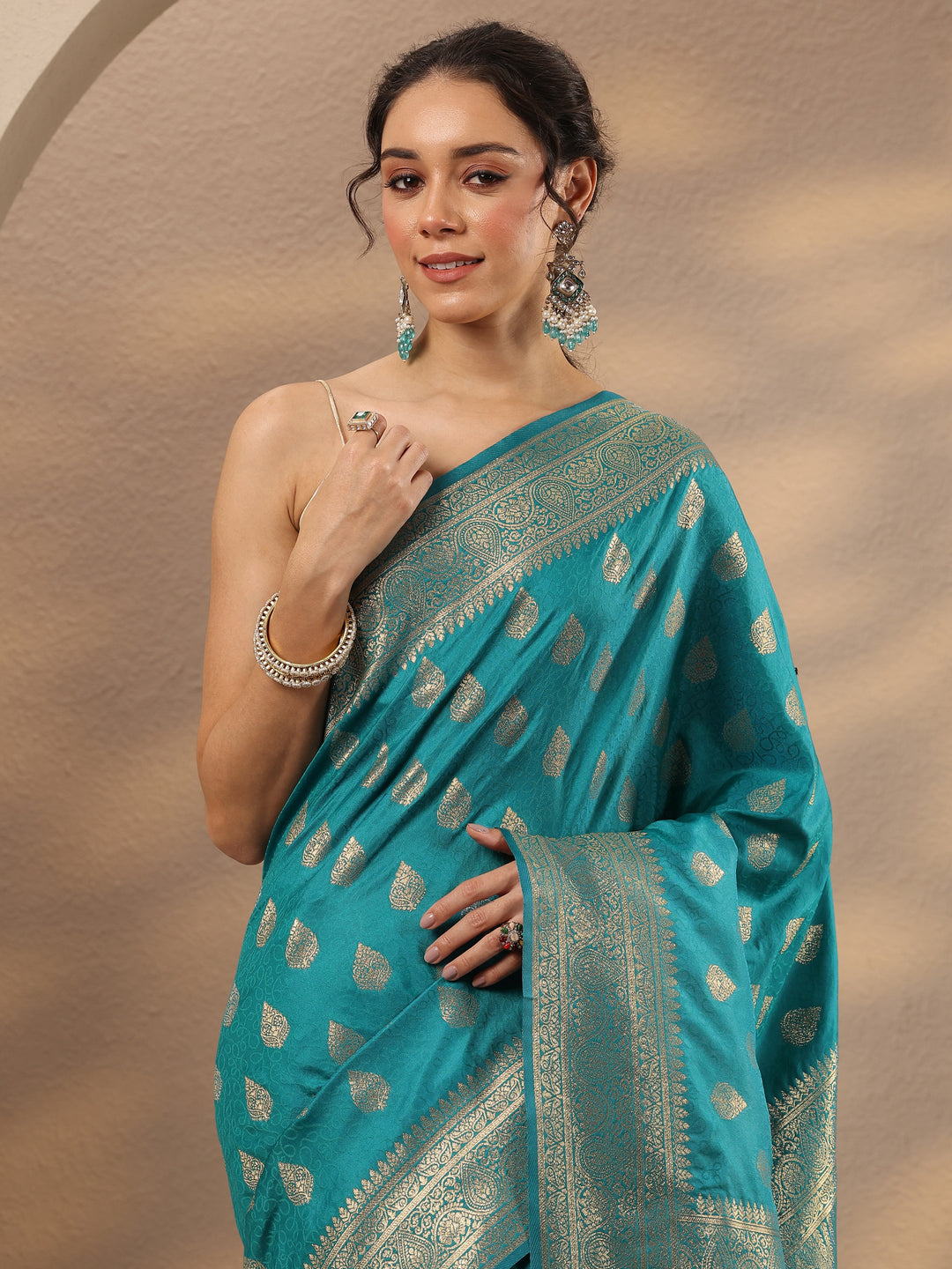  Blue Woven Design Silk Blend Saree With Unstitched Blouse Piece 