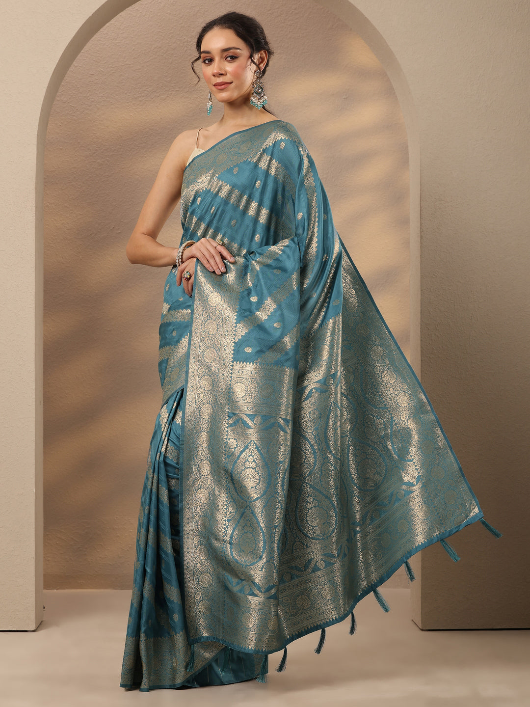  Blue Woven Design Silk Blend Saree With Unstitched Blouse Piece 