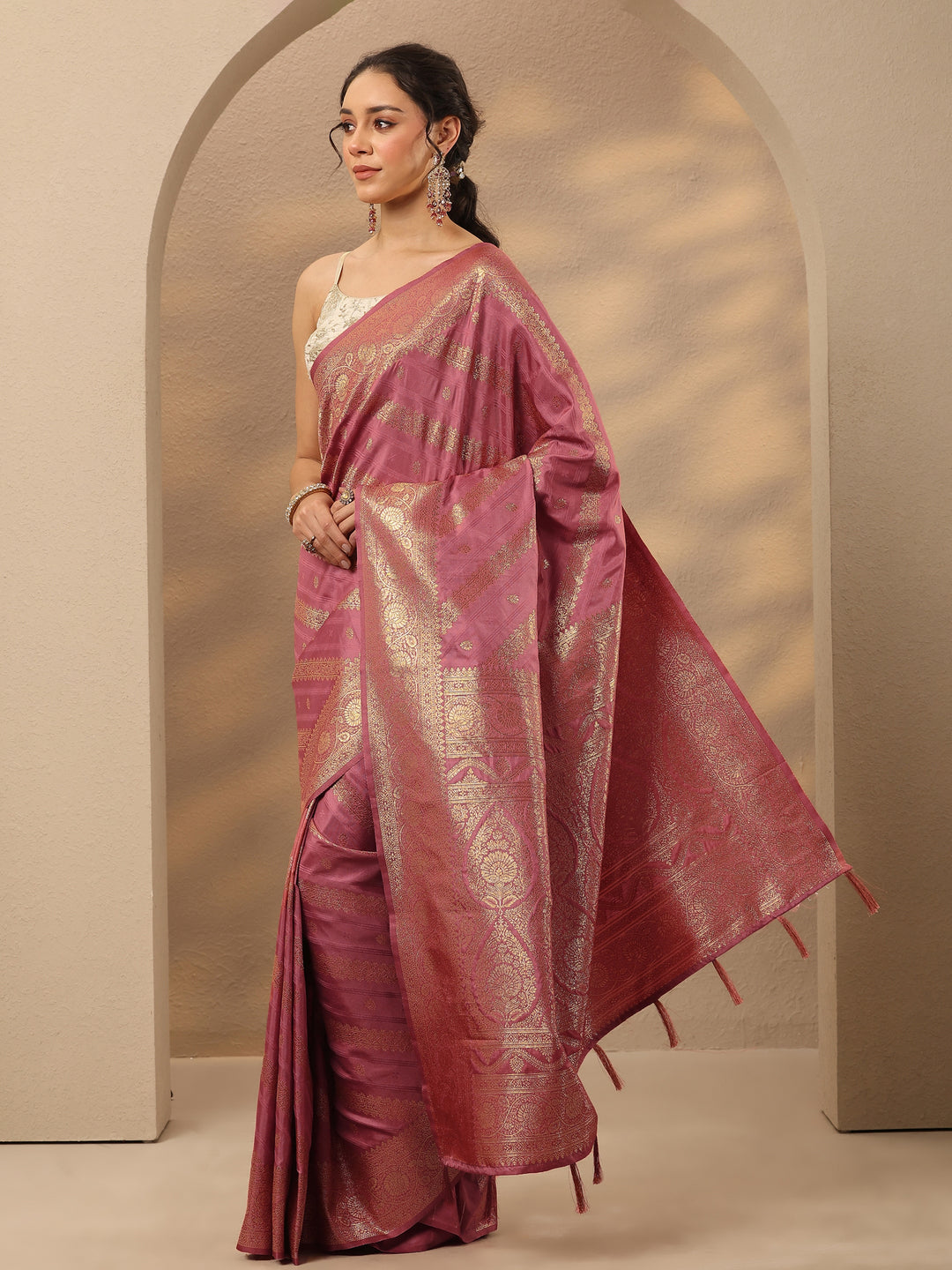  Peach Woven Design Silk Blend Saree With Unstitched Blouse Piece 