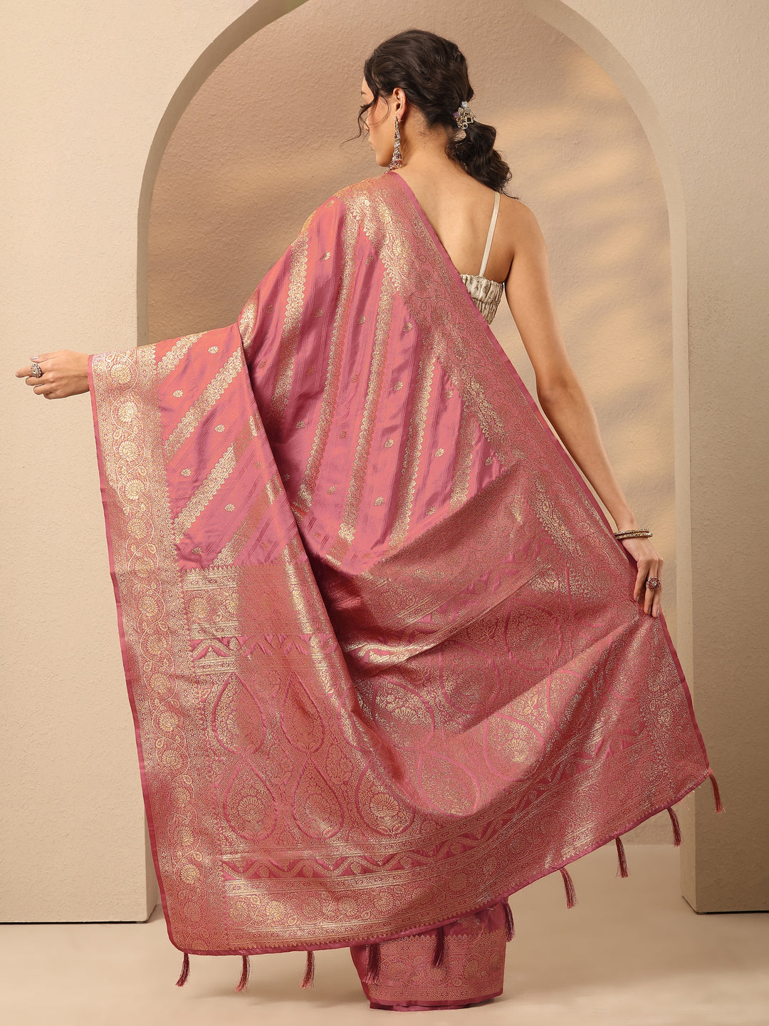  Peach Woven Design Silk Blend Saree With Unstitched Blouse Piece 