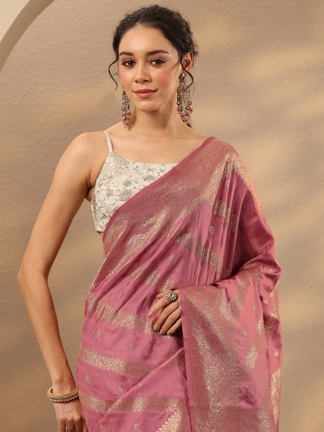  Peach Woven Design Silk Blend Saree With Unstitched Blouse Piece 