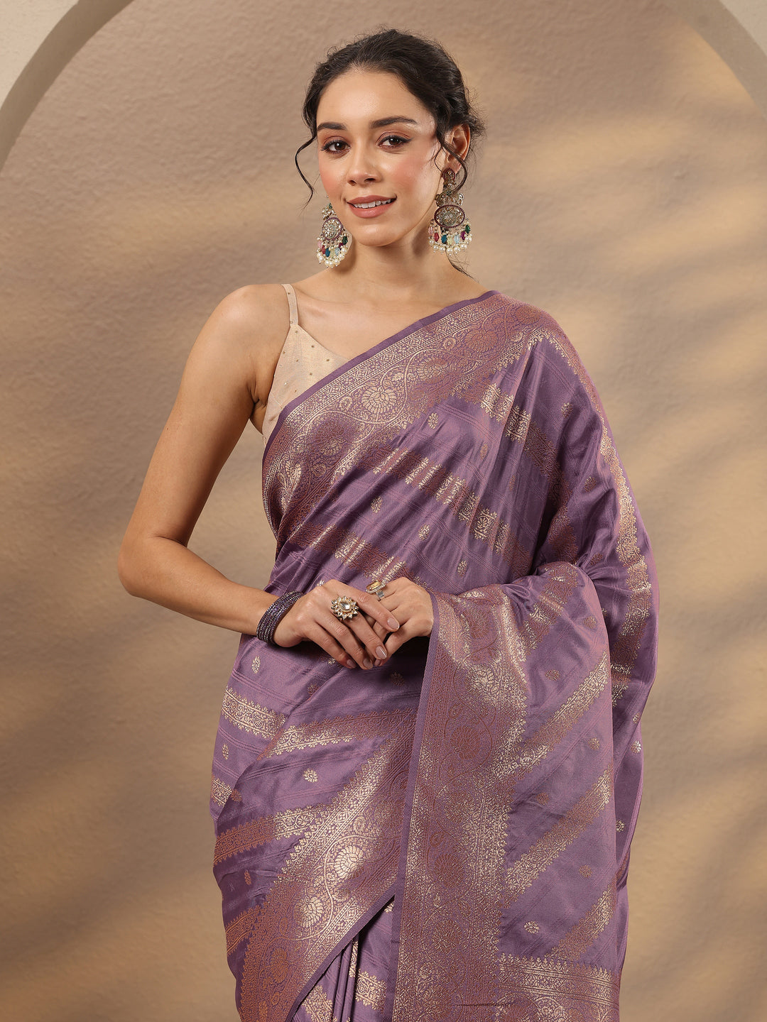  Lavender Woven Design Silk Blend Saree With Unstitched Blouse Piece 