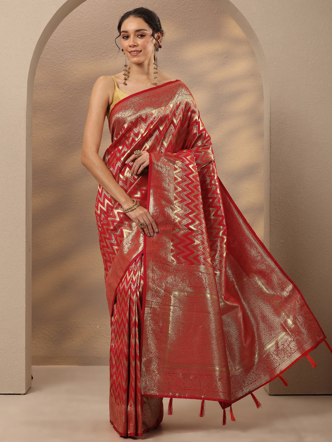  Red Chevron Woven Design Silk Blend Saree With Unstitched Blouse Piece 