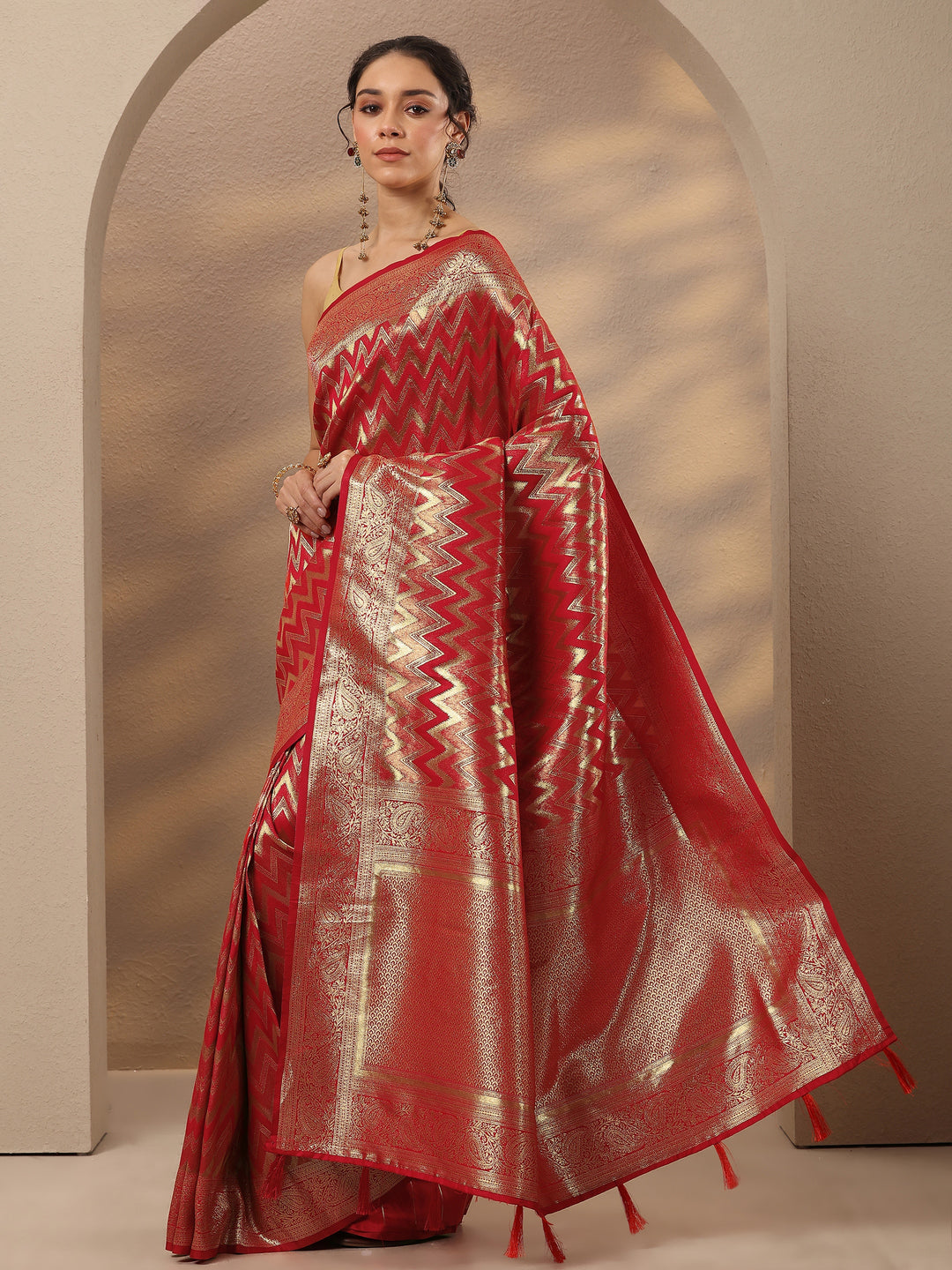  Red Chevron Woven Design Silk Blend Saree With Unstitched Blouse Piece 