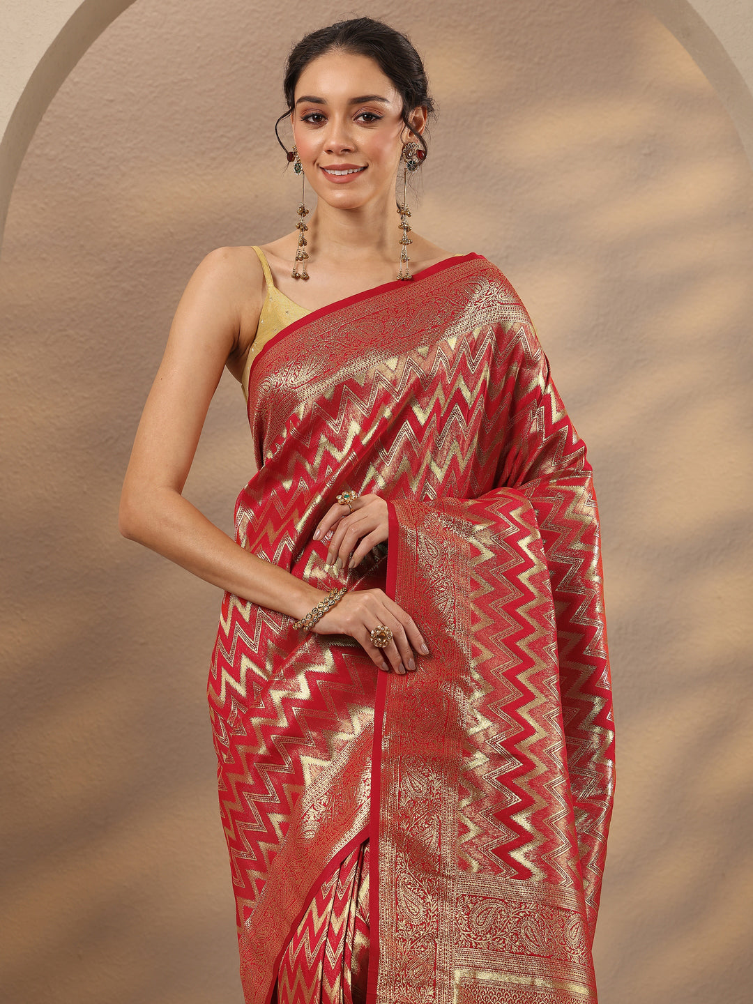  Red Chevron Woven Design Silk Blend Saree With Unstitched Blouse Piece 