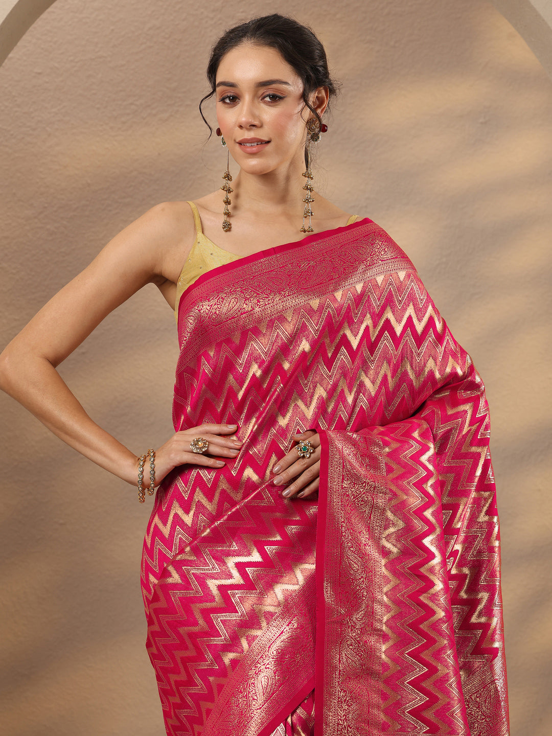 Pink Chevron Woven Design Silk Blend Saree With Unstitched Blouse Piece 