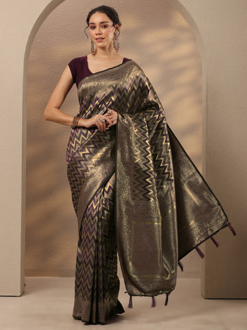 Burgundy Chevron Woven Design Silk Blend Saree With Unstitched Blouse Piece