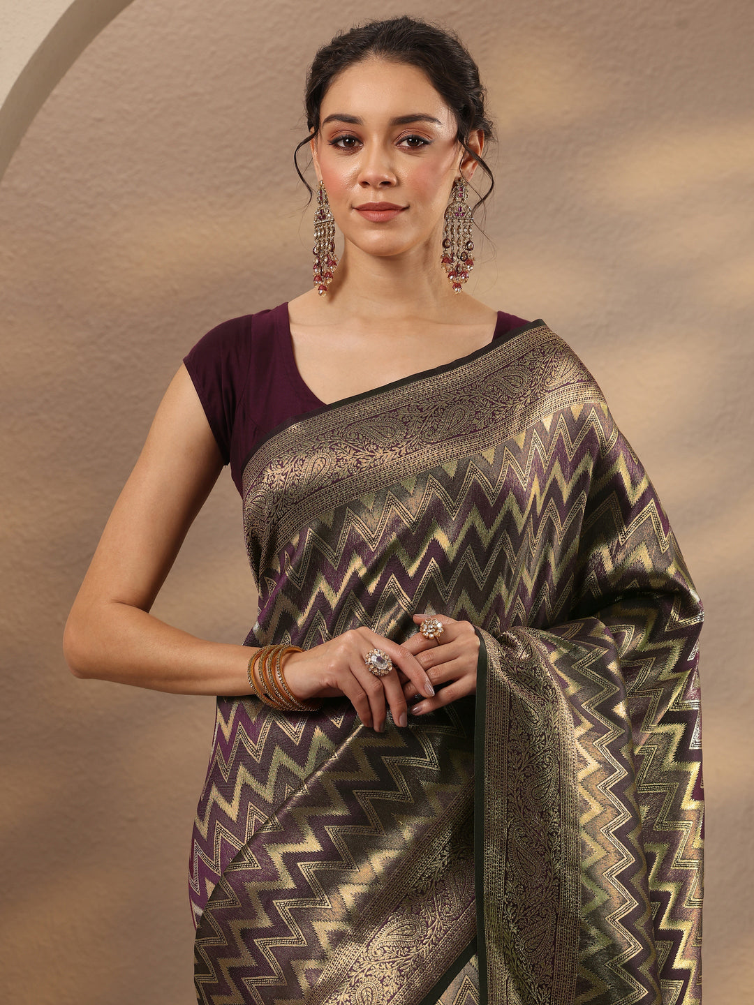  Burgundy Chevron Woven Design Silk Blend Saree With Unstitched Blouse Piece 