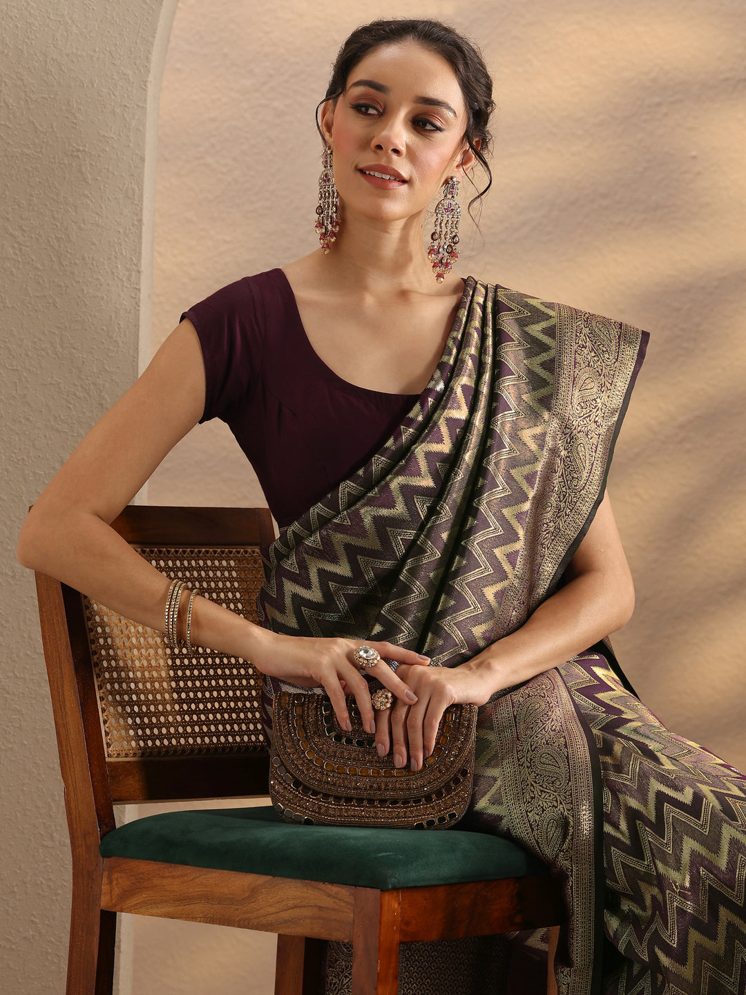  Burgundy Chevron Woven Design Silk Blend Saree With Unstitched Blouse Piece 