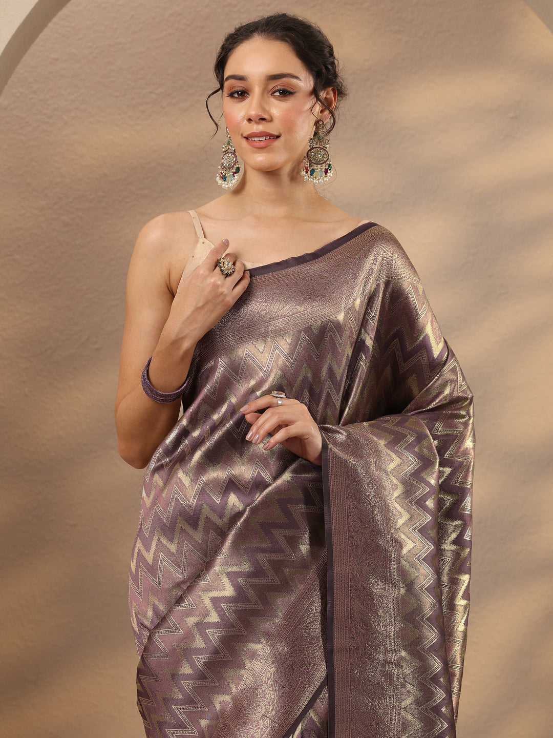  Mauve Chevron Woven Design Silk Blend Saree With Unstitched Blouse Piece 