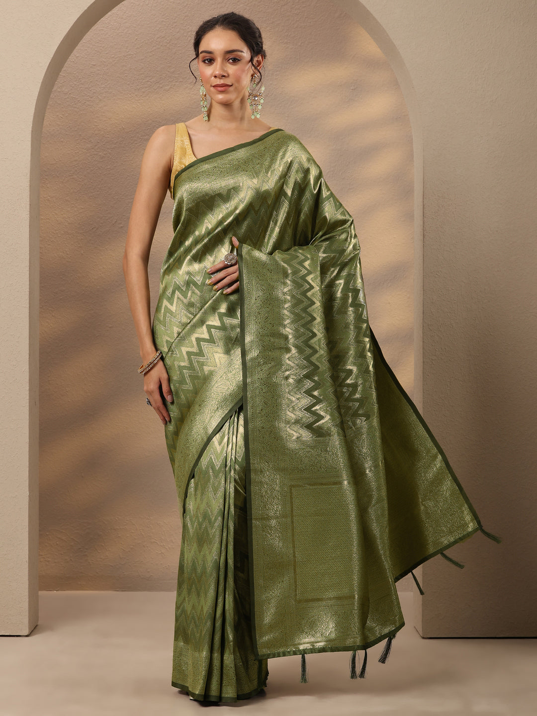  Green Chevron Woven Design Silk Blend Saree With Unstitched Blouse Piece 