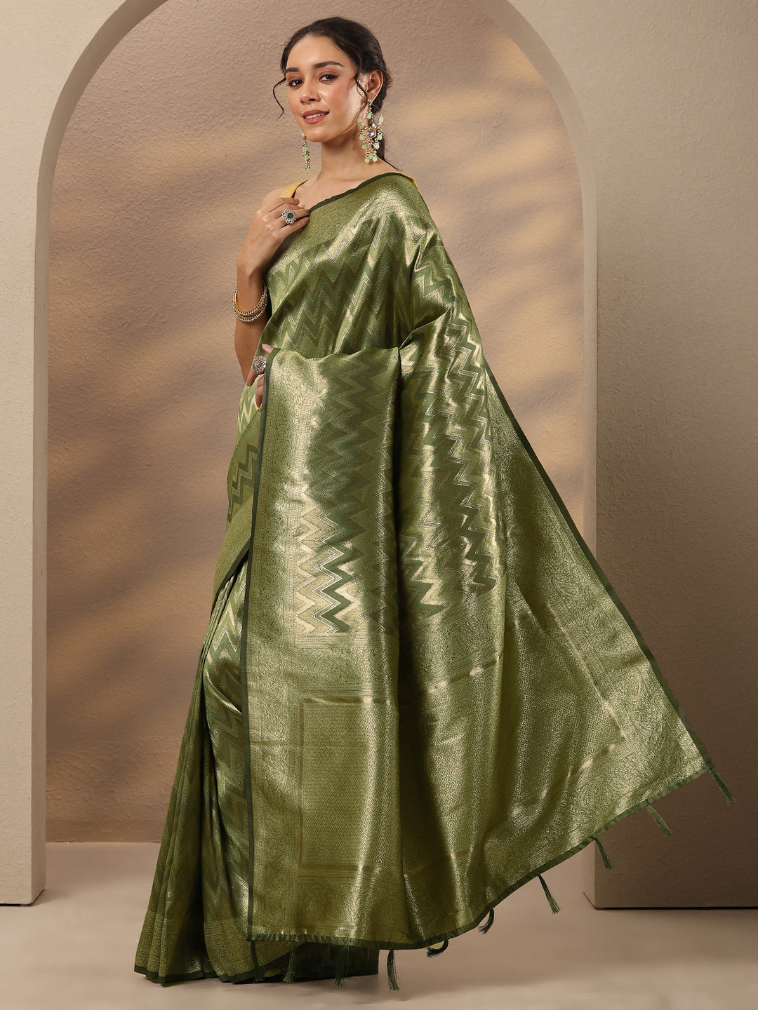  Green Chevron Woven Design Silk Blend Saree With Unstitched Blouse Piece 