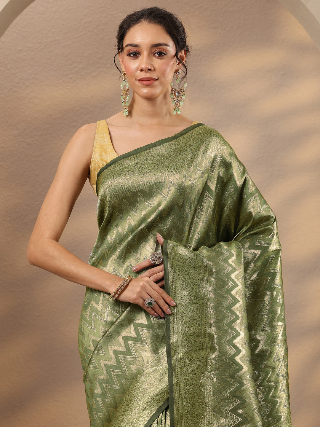 Green Chevron Woven Design Silk Blend Saree With Unstitched Blouse Piece 