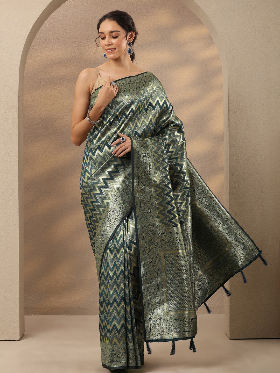  Blue Chevron Woven Design Silk Blend Saree With Unstitched Blouse Piece 