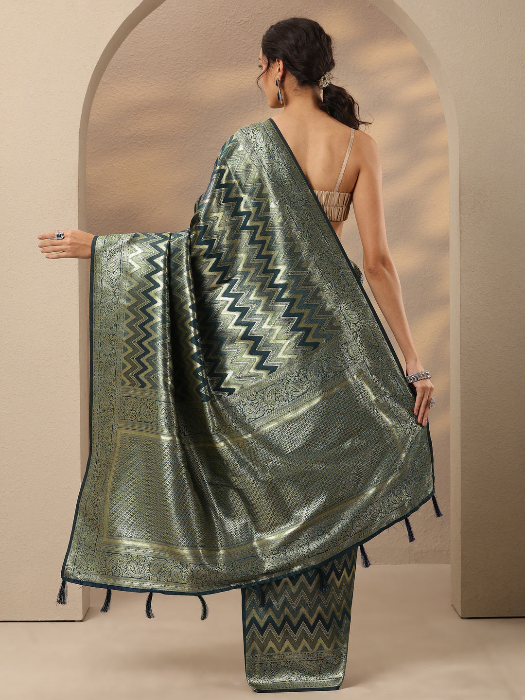  Blue Chevron Woven Design Silk Blend Saree With Unstitched Blouse Piece 