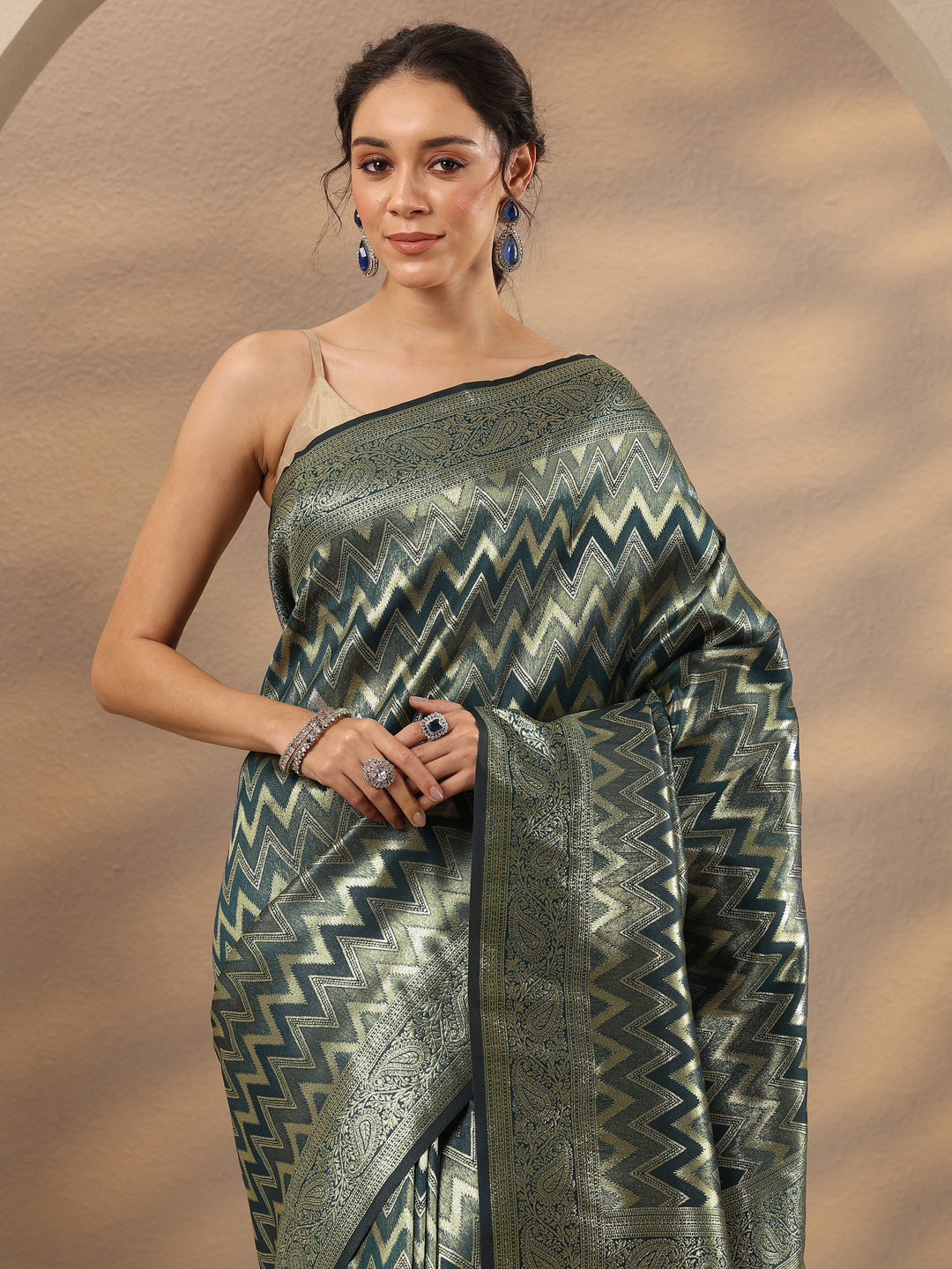  Blue Chevron Woven Design Silk Blend Saree With Unstitched Blouse Piece 